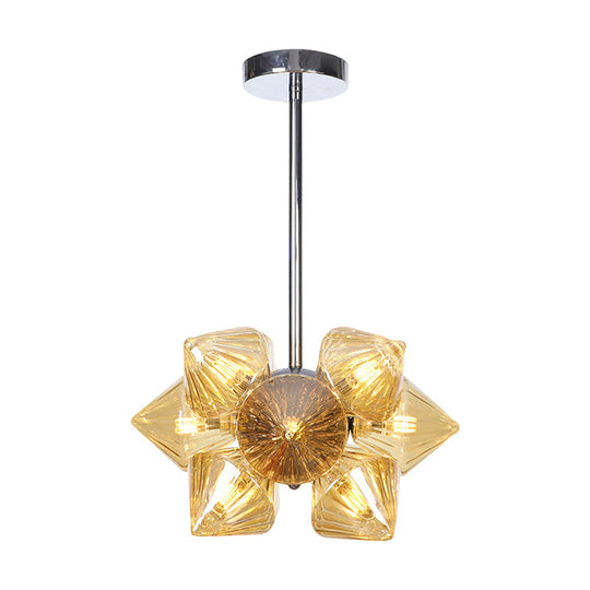 Contemporary Chrome Diamond Chandelier Lamp - 9/12 Bulb Amber Glass Ceiling Fixture