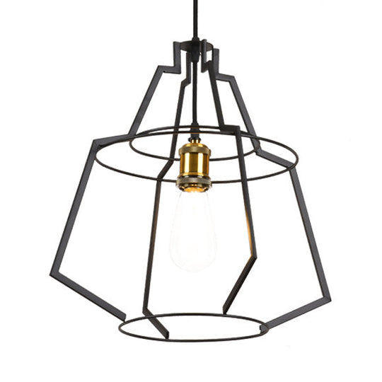 Vintage Retro Wire Frame Bar Pendant Light - Matte Black Metal Hanging Ceiling Fixture (1 Bulb) / A