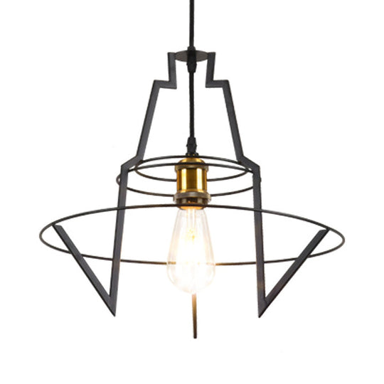 Retro Wire Frame Bar Pendant Light - Vintage Metal, Matte Black Finish, 1 Bulb - Ceiling Hanging Fixture