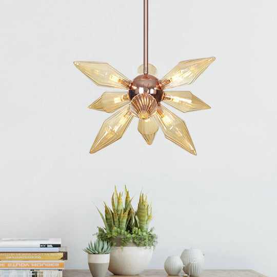 Modern 9/12-Head Amber Glass Diamond Chandelier Pendant Light in Rose Gold – Ideal for Living Room Ceiling