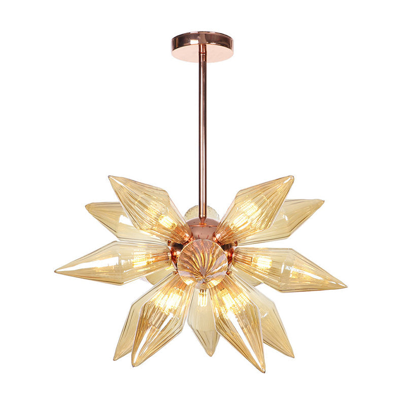 Modernist Amber Glass Diamond Chandelier With 9/12 Rose Gold Pendant Lights For Living Room Ceiling