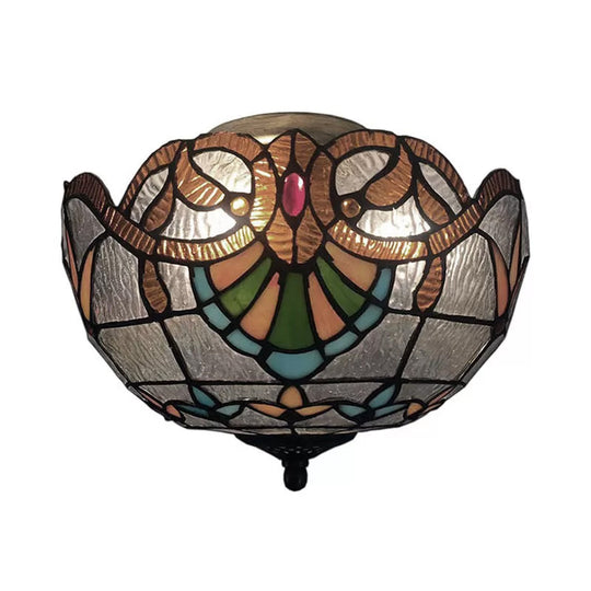 Baroque Stained Glass Ceiling Light - Elegant 2-Light Flush Mount In Aged Brass With Jewel