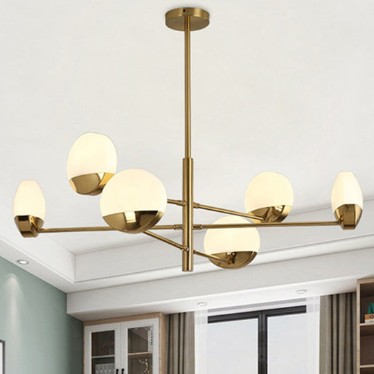 Postmodern Gold Sputnik Chandelier - Metallic 6/8/10-Head Hanging Lamp With Round White Glass Shade