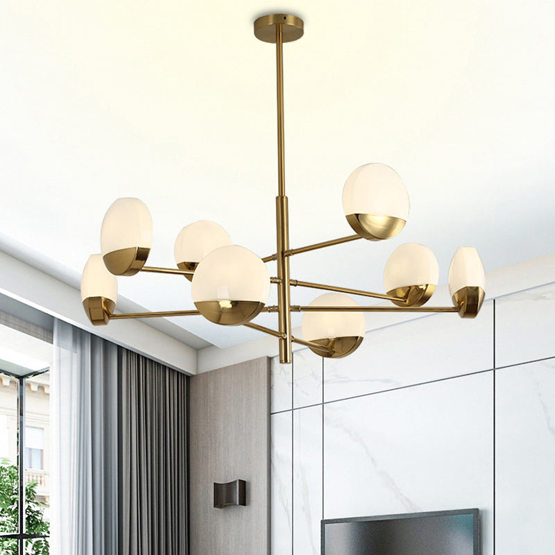 Postmodern Gold Sputnik Chandelier - Metallic 6/8/10-Head Hanging Lamp With Round White Glass Shade