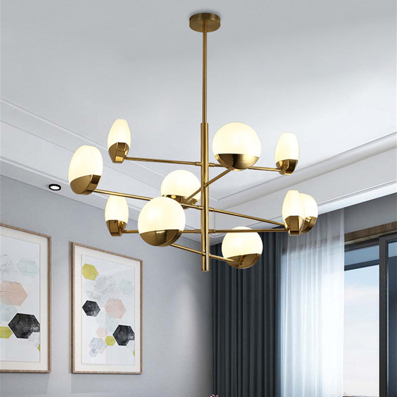 Postmodern Gold Sputnik Chandelier - Metallic 6/8/10-Head Hanging Lamp With Round White Glass Shade