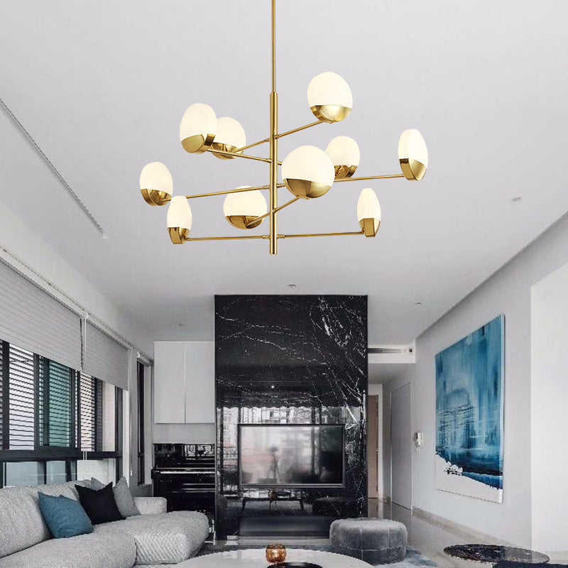 Postmodern Gold Sputnik Chandelier - Metallic 6/8/10-Head Hanging Lamp With Round White Glass Shade