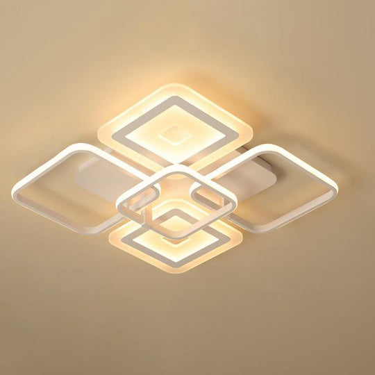 Minimalistic White Square Semi Flush Mount Ceiling Fixture with 5 Acrylic Heads - Warm/White Light