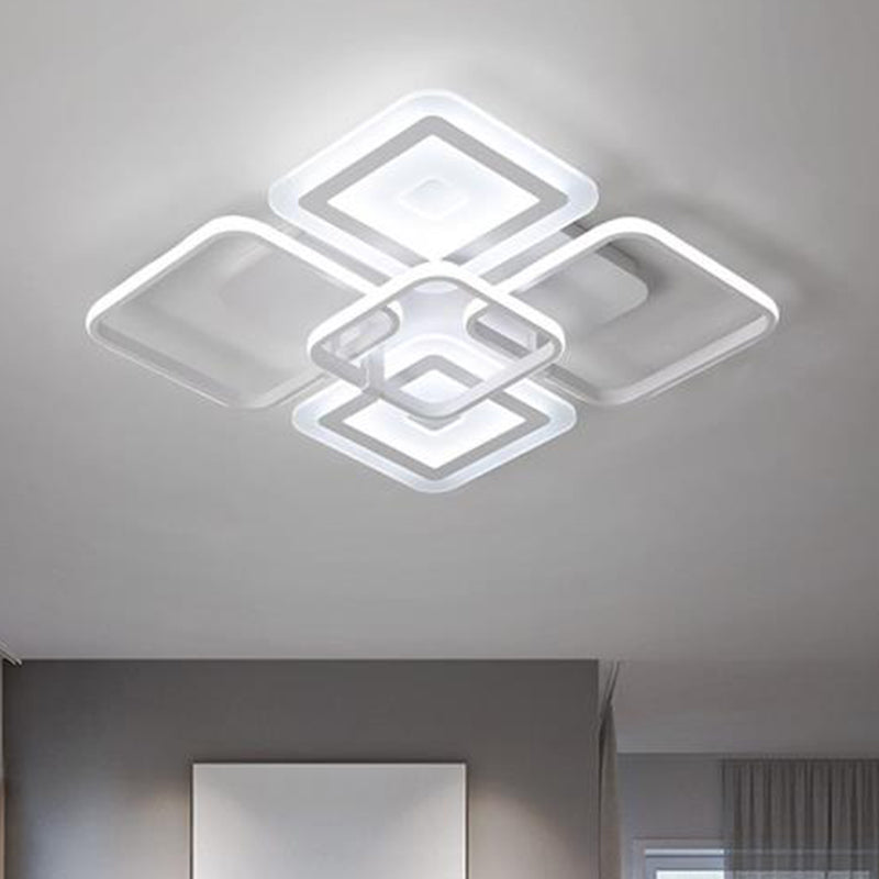 Minimalistic White Square Semi Flush Mount Ceiling Fixture with 5 Acrylic Heads - Warm/White Light