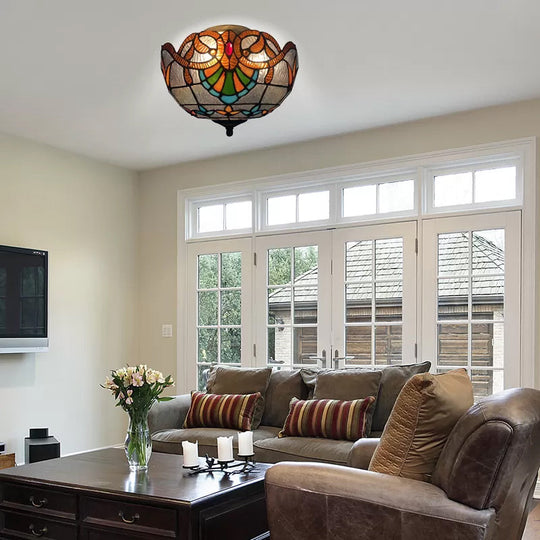 Baroque Stained Glass Ceiling Light - Elegant 2-Light Flush Mount In Aged Brass With Jewel