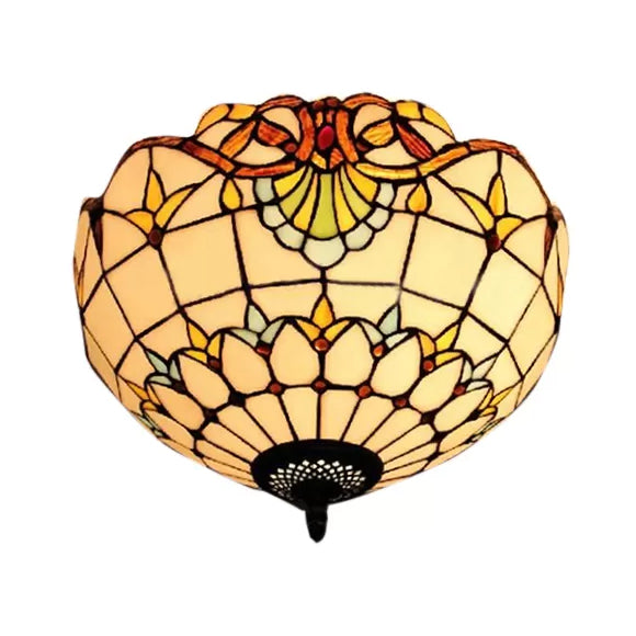 Baroque Stained Glass Flush Mount Ceiling Light, Aged Brass Finish with Jeweled Décor, Ideal for Bedroom (2-Light)