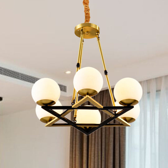 Postmodern Polygon Metal Chandelier with Brass Finish and Globe White Glass Shades