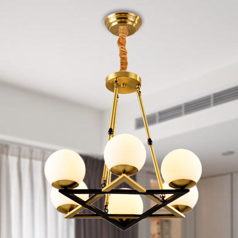 Postmodern Polygon Metal Chandelier with Brass Finish and Globe White Glass Shades