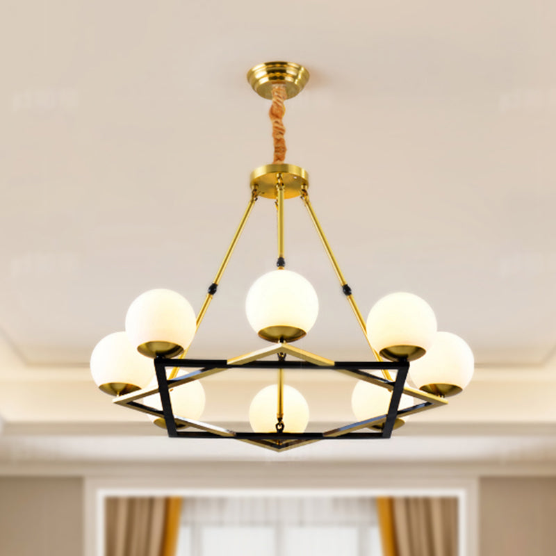 Postmodern Polygon Metal Chandelier with Brass Finish and Globe White Glass Shades