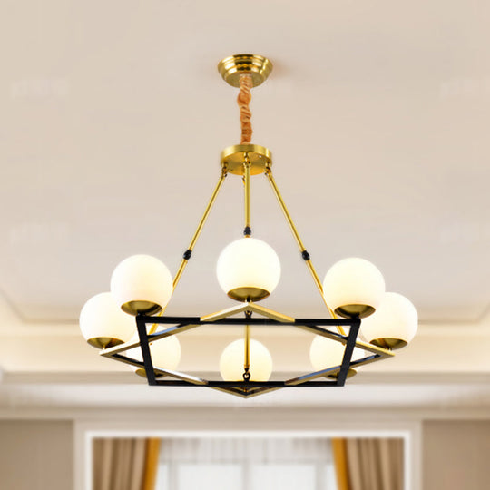 Postmodern Polygon Metal Chandelier with Brass Finish and Globe White Glass Shades