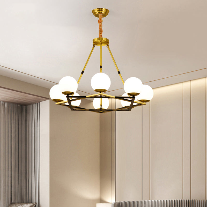 Postmodern Polygon Metal Chandelier with Brass Finish and Globe White Glass Shades