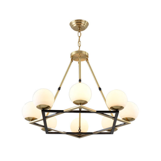 Postmodern Polygon Metal Chandelier 6/8 Heads - Brass Hanging Ceiling Light With White Globe Glass