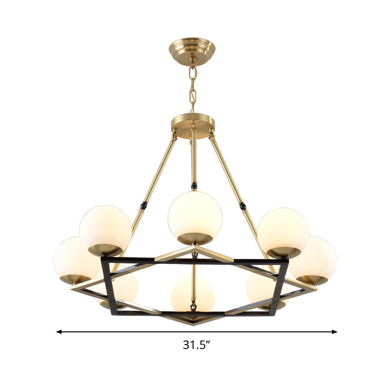 Postmodern Polygon Metal Chandelier 6/8 Heads - Brass Hanging Ceiling Light With White Globe Glass