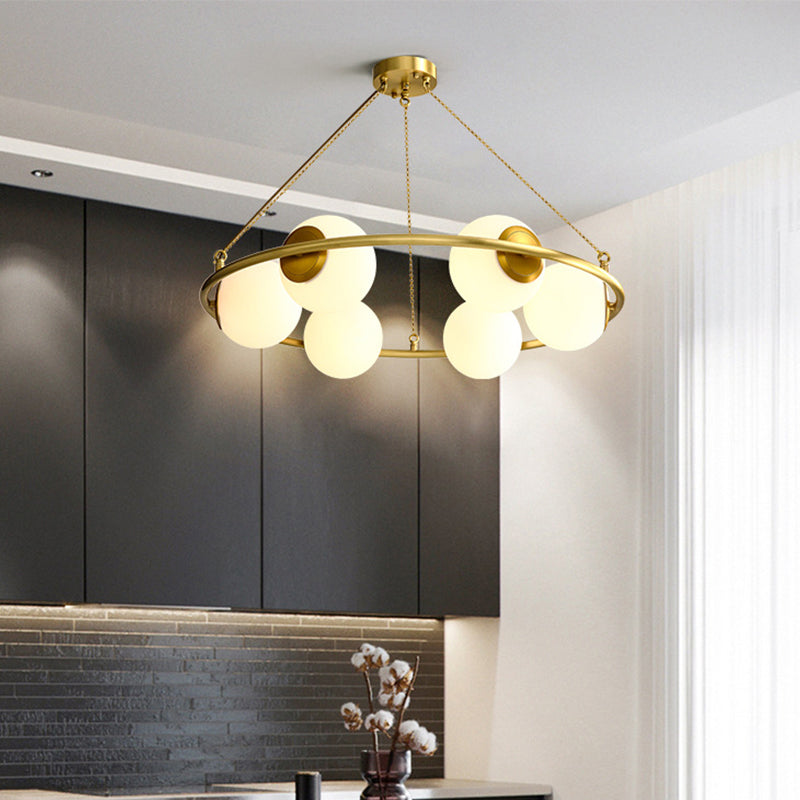 Postmodern Metal Chandelier with Frosted Glass Shades - 6/8 Lights, Brass Finish