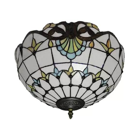 Baroque Stained Glass Flush Mount Ceiling Light, Aged Brass Finish with Jeweled Décor, Ideal for Bedroom (2-Light)