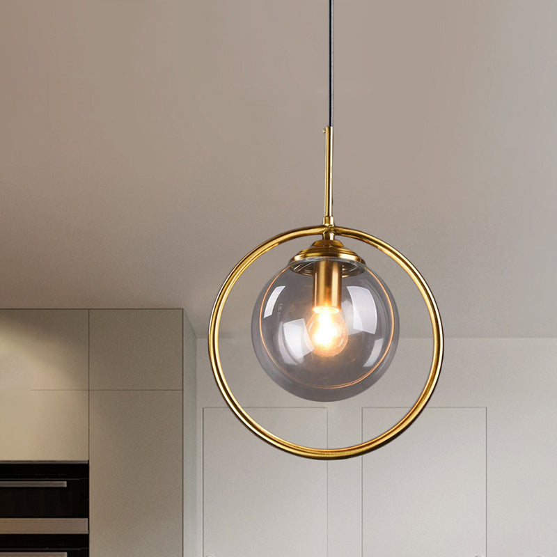 Postmodern Gold Globe Pendant Lamp With Smoke Gray/Clear Glass For Bedroom Lighting