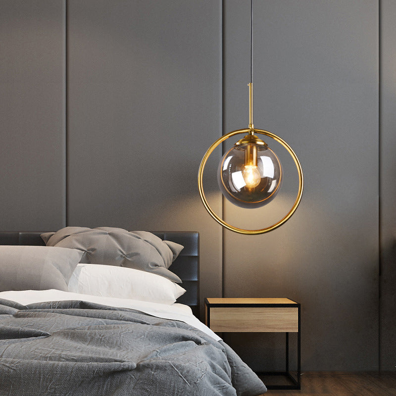 Postmodern Gold Globe Pendant Lamp With Smoke Gray/Clear Glass For Bedroom Lighting