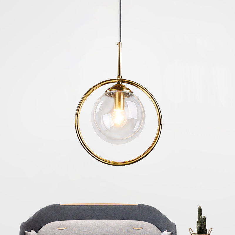 Postmodern Gold Globe Pendant Lamp With Smoke Gray/Clear Glass For Bedroom Lighting