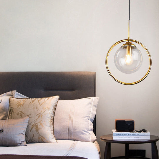 Postmodern Gold Globe Pendant Lamp With Smoke Gray/Clear Glass For Bedroom Lighting