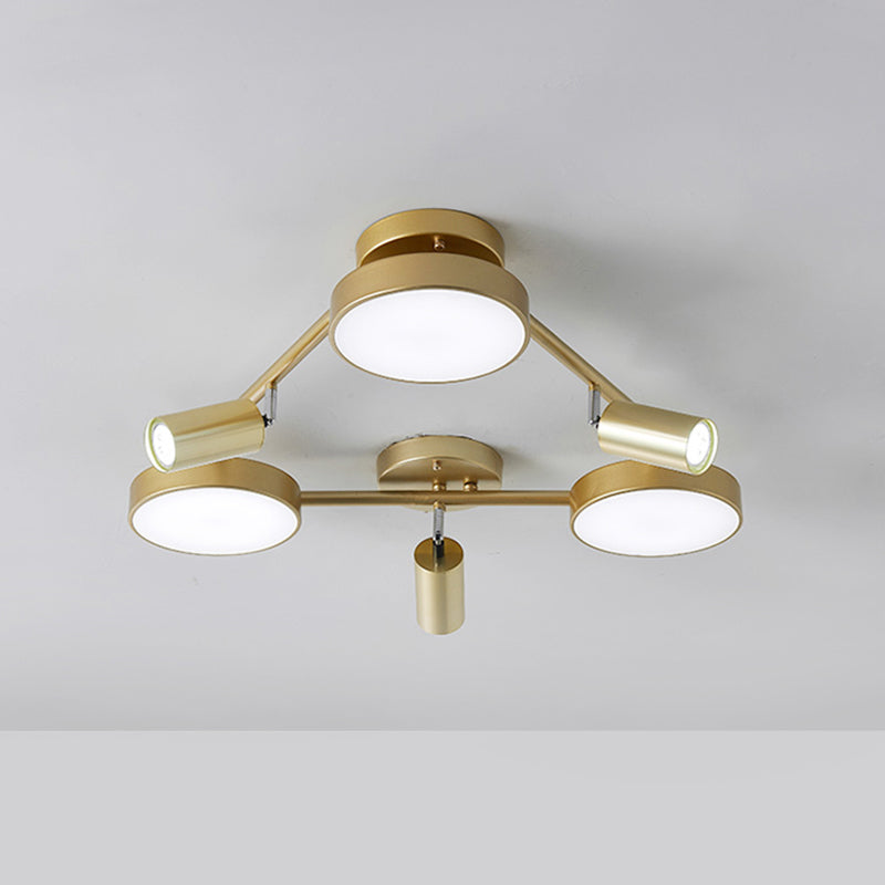 Gold Metal Round Ceiling Light Fixture with 6 Heads - Contemporary Semi-Flush Mount for Bedroom