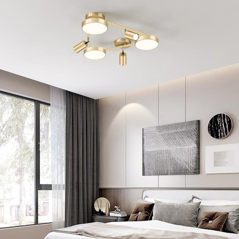 Gold Metal Round Ceiling Light Fixture with 6 Heads - Contemporary Semi-Flush Mount for Bedroom