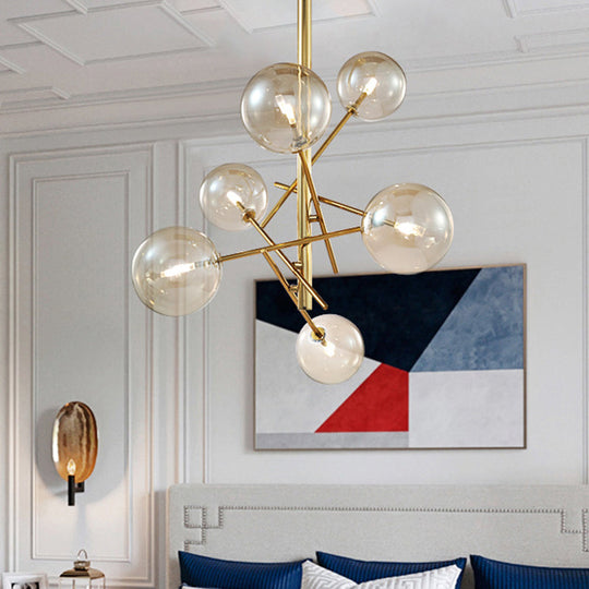 Modern Cognac Glass Globe Chandelier - 6/8 Heads, Starburst Design - Ideal for Bedroom Ceiling Lighting