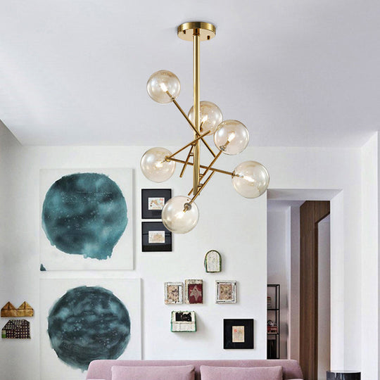 Modern Cognac Glass Globe Chandelier - 6/8 Heads, Starburst Design - Ideal for Bedroom Ceiling Lighting