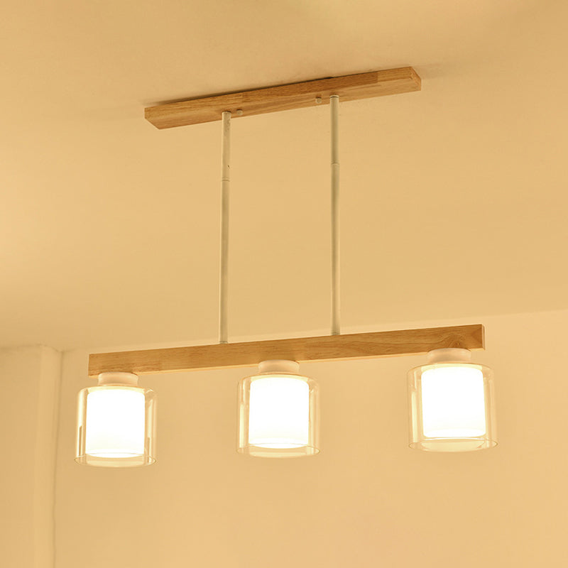 Nordic Linear Wood Island Light With White Glass Shades - 3/4 Heads Dining Room Hanging Lamp