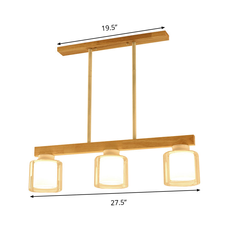 Nordic Linear Wood Island Light With White Glass Shades - 3/4 Heads Dining Room Hanging Lamp