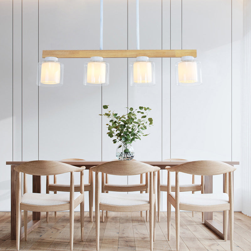 Nordic Linear Wood Island Light With White Glass Shades - 3/4 Heads Dining Room Hanging Lamp