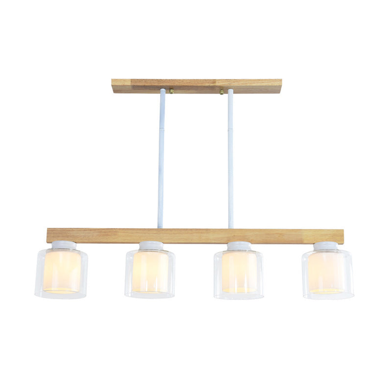 Nordic Linear Wood Island Light With White Glass Shades - 3/4 Heads Dining Room Hanging Lamp