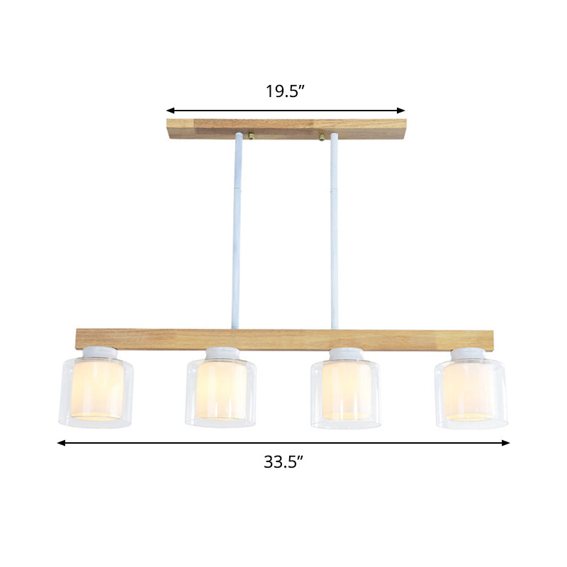 Nordic Linear Wood Island Light With White Glass Shades - 3/4 Heads Dining Room Hanging Lamp