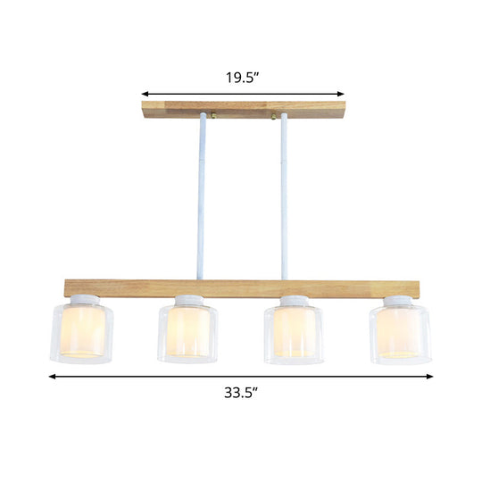 Nordic Linear Wood Island Light With White Glass Shades - 3/4 Heads Dining Room Hanging Lamp