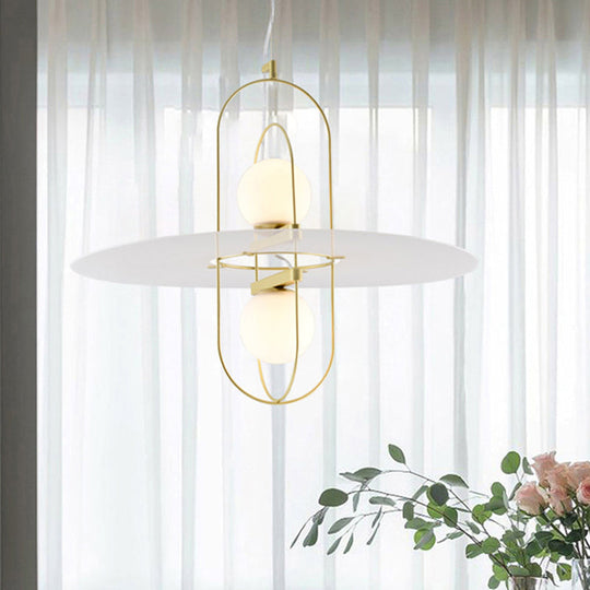 Designer Style White Glass Orb Chandelier: Elegant 2-Light Kitchen Hanging Lamp with Oval Frame Design