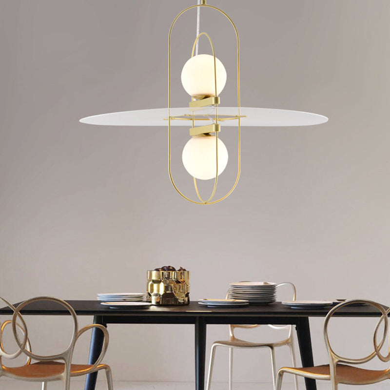 Modern White Glass Orb Chandelier - 2 Light Kitchen Hanging Lamp With Oval Frame Design