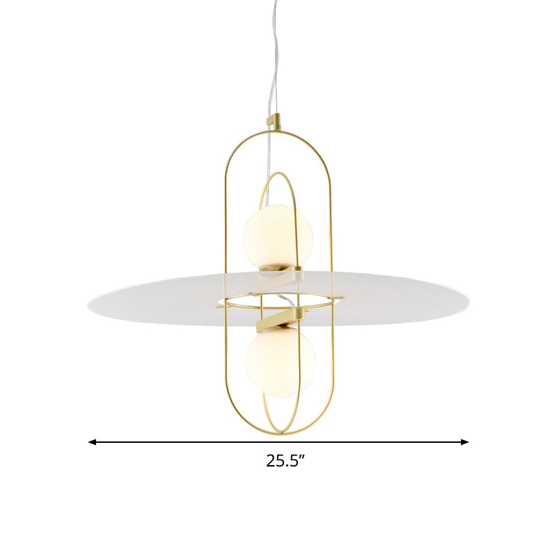 Designer Style White Glass Orb Chandelier: Elegant 2-Light Kitchen Hanging Lamp with Oval Frame Design