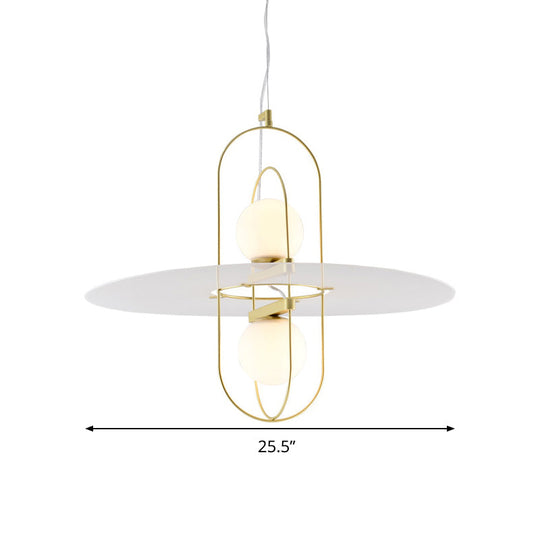 Designer Style White Glass Orb Chandelier: Elegant 2-Light Kitchen Hanging Lamp with Oval Frame Design