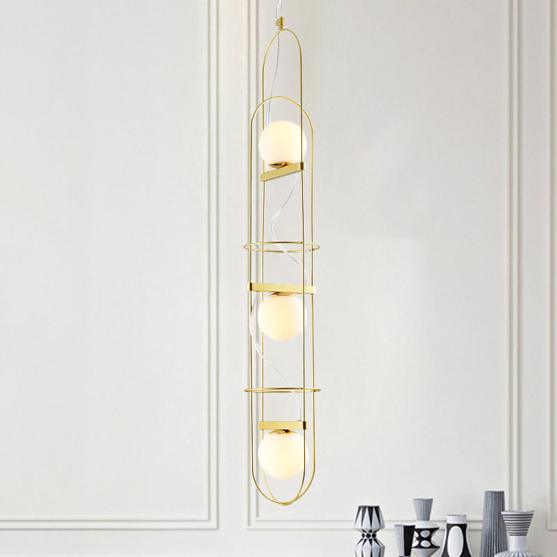 Modern Gold Chandelier with Oval Metal Frame - White Glass Sphere Ceiling Light (3 Heads)