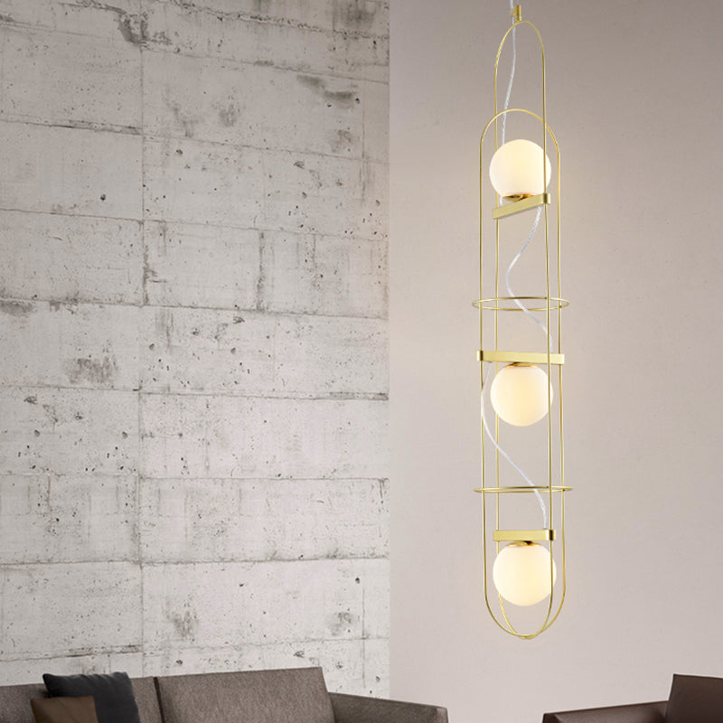 Modern Gold Chandelier with Oval Metal Frame - White Glass Sphere Ceiling Light (3 Heads)