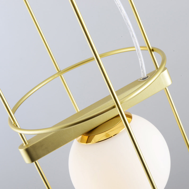 Modern Gold Chandelier with Oval Metal Frame - White Glass Sphere Ceiling Light (3 Heads)