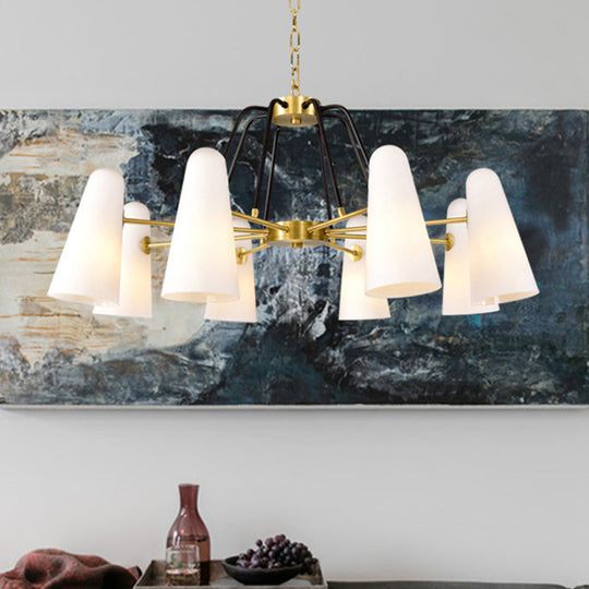 Opal Glass Hanging Lamp: Postmodern Cone Design, 6 Lights, Gold Chandelier