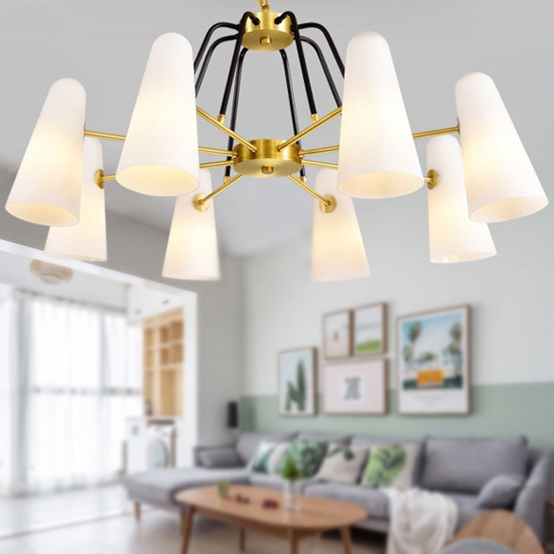 Opal Glass Hanging Lamp: Postmodern Cone Design, 6 Lights, Gold Chandelier