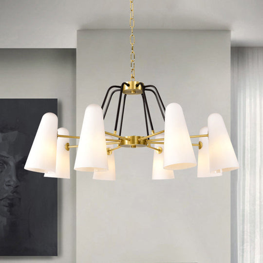 Opal Glass Hanging Lamp: Postmodern Cone Design, 6 Lights, Gold Chandelier