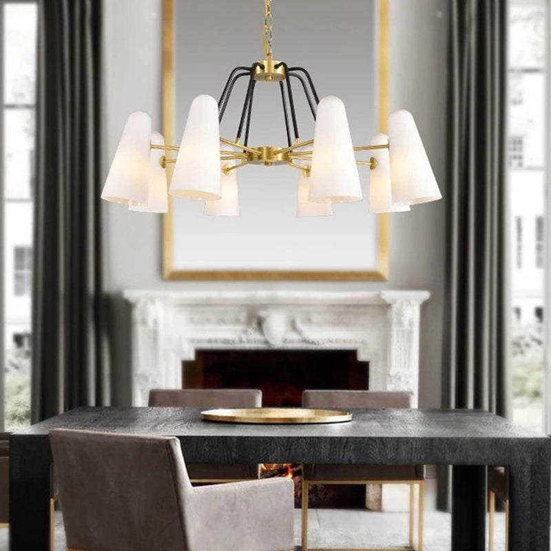 Opal Glass Hanging Lamp: Postmodern Cone Design, 6 Lights, Gold Chandelier