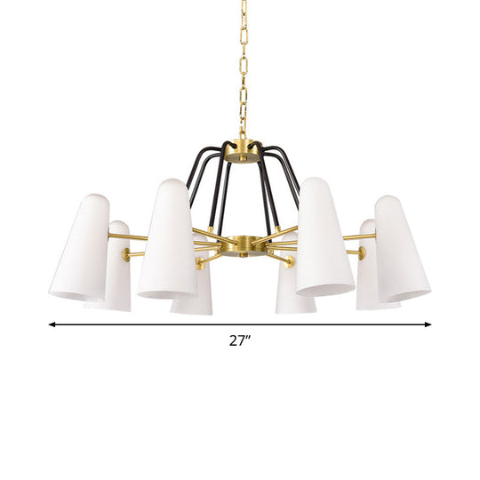 Opal Glass Hanging Lamp: Postmodern Cone Design, 6 Lights, Gold Chandelier