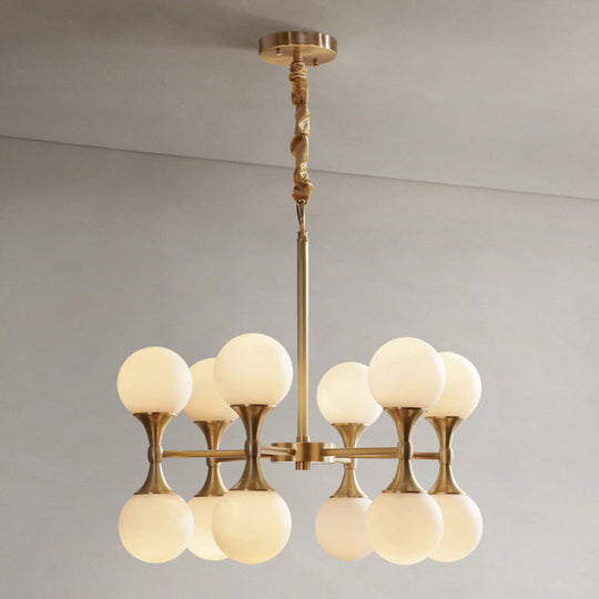 Opal Glass Chandelier Light with 12/16 Brass Globe Heads – Postmodern Ceiling Hanging Lamp